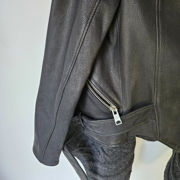 All Saints Wrap Cable Jacket Genuine Goat Leather Size 0 Black Draped Open Front - Picture 16 of 16